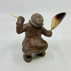 Inuit Hand Carved Brown Stone Dancing Drummer Sculpture by MARY OSHUTSIAQ